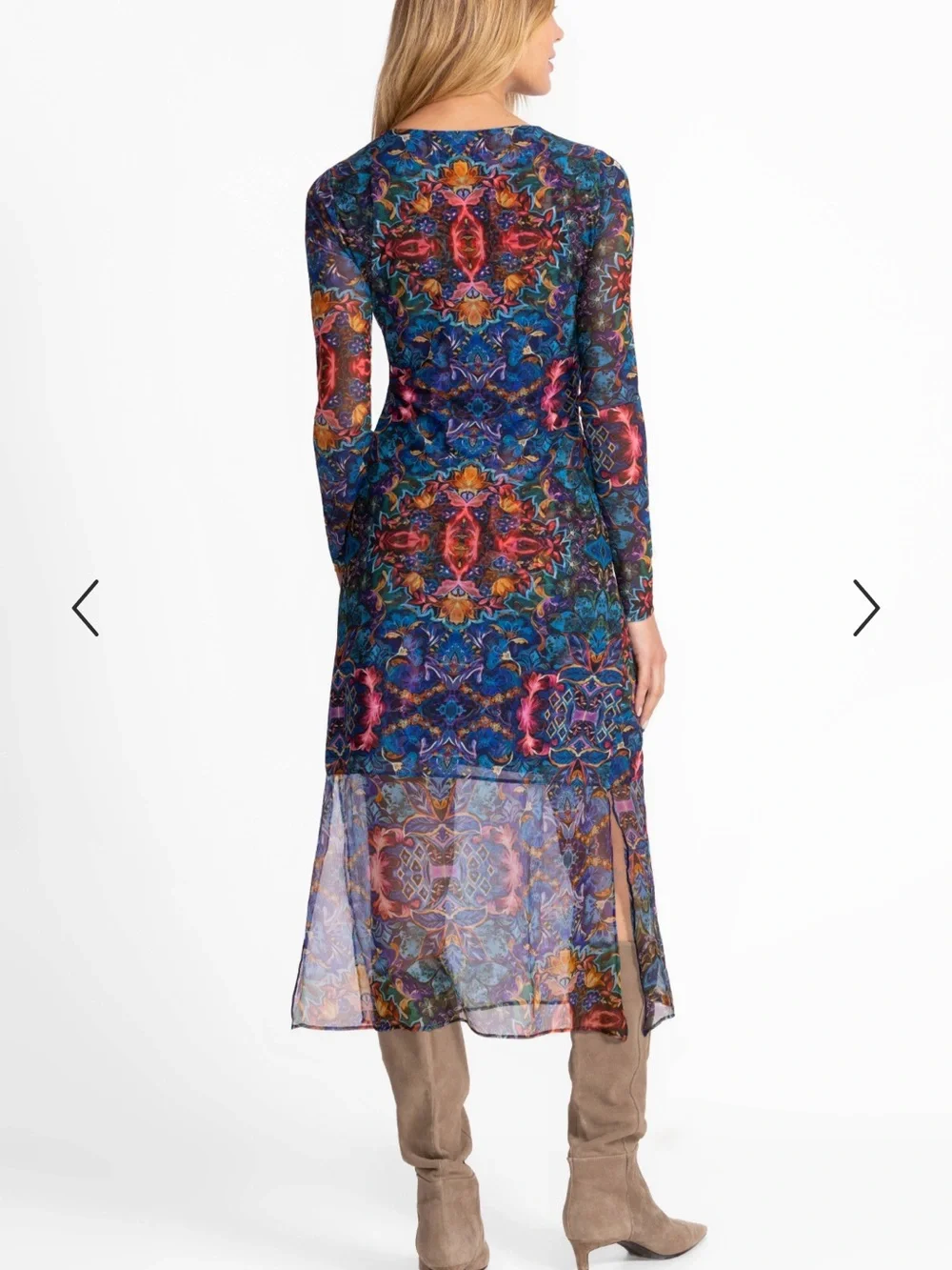JOHNNY WAS JADE TULUS MESH MIDI DRESS Blue Ottalie Bold Kaleidoscope Lined XL XS